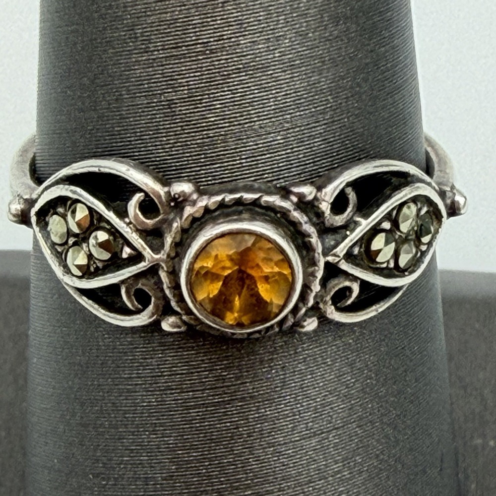 Vtg Sterling Silver Citrine Marcasite Ring Size 7.5 Old Dainty Handmade